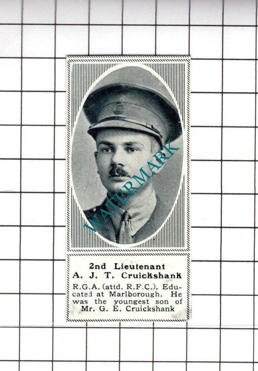 2nd Lt A J T Cruickshank RGA WW1 World War One - 1919 SMALL Cutting