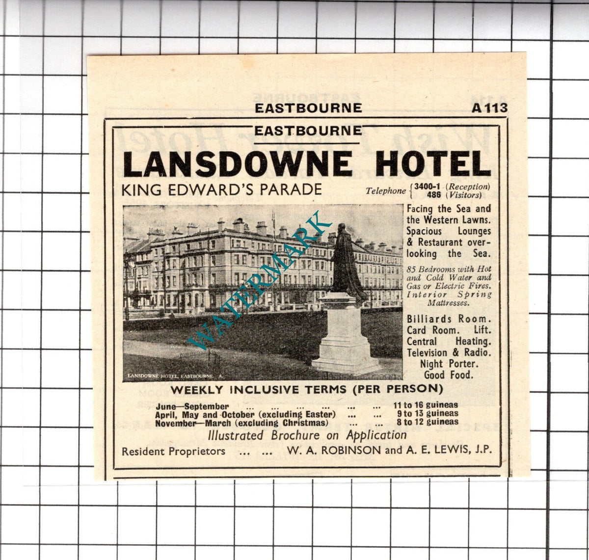 Lansdowne Hotel Eastbourne WA Robinson AE Lewis Small Advert - 1958 Cutting
