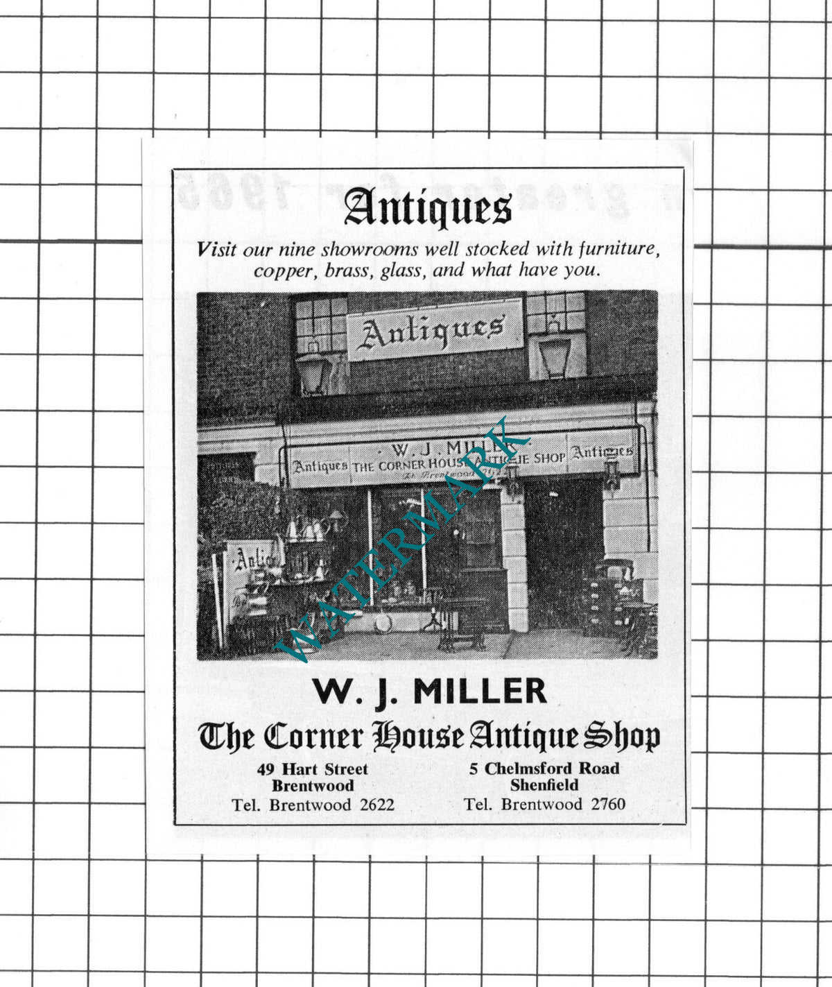 W J Miller The Corner House Antique Shop Shenfield Essex Advert - 1965 Clipping