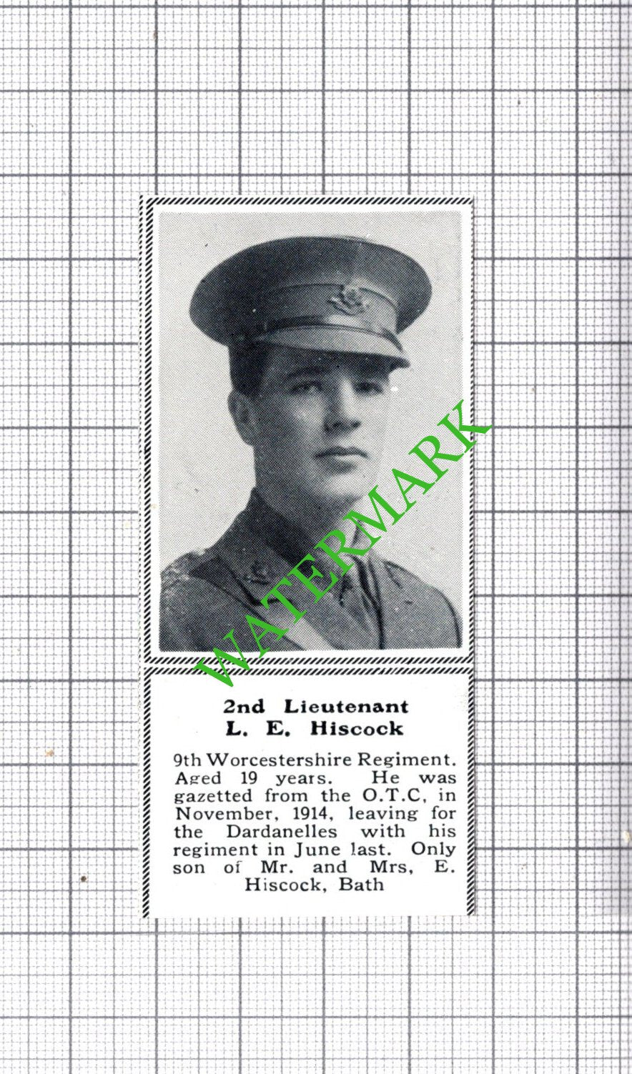 2nd Lt L E Hiscock 9th Worcestershire Regiment Bath -c.1918 SMALL Cutting