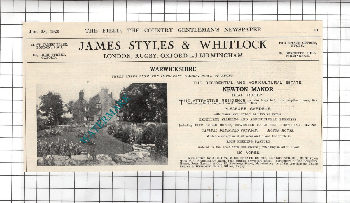 Newton Manor Rugby Warwickshire - 1926 House Sale Advert