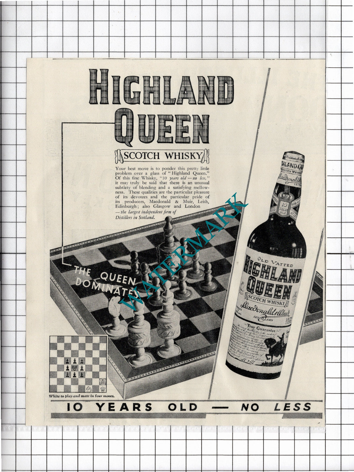 Highland Queen Scotch Whisky Chess ADVERT -1936 Clipping