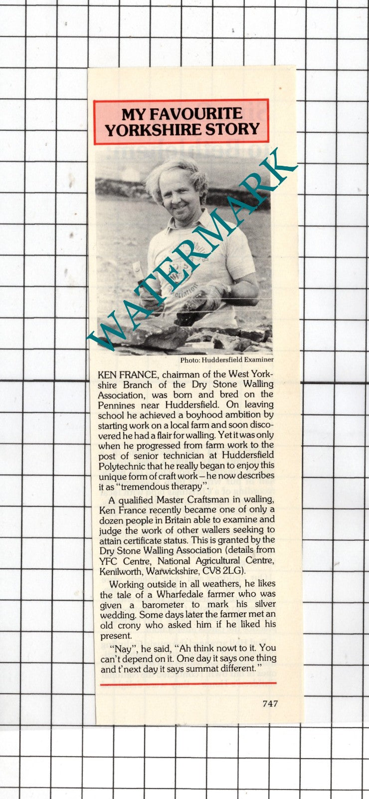 Ken France Dry Stone Walling Association Huddersfield Yorkshire - 1988 Clipping