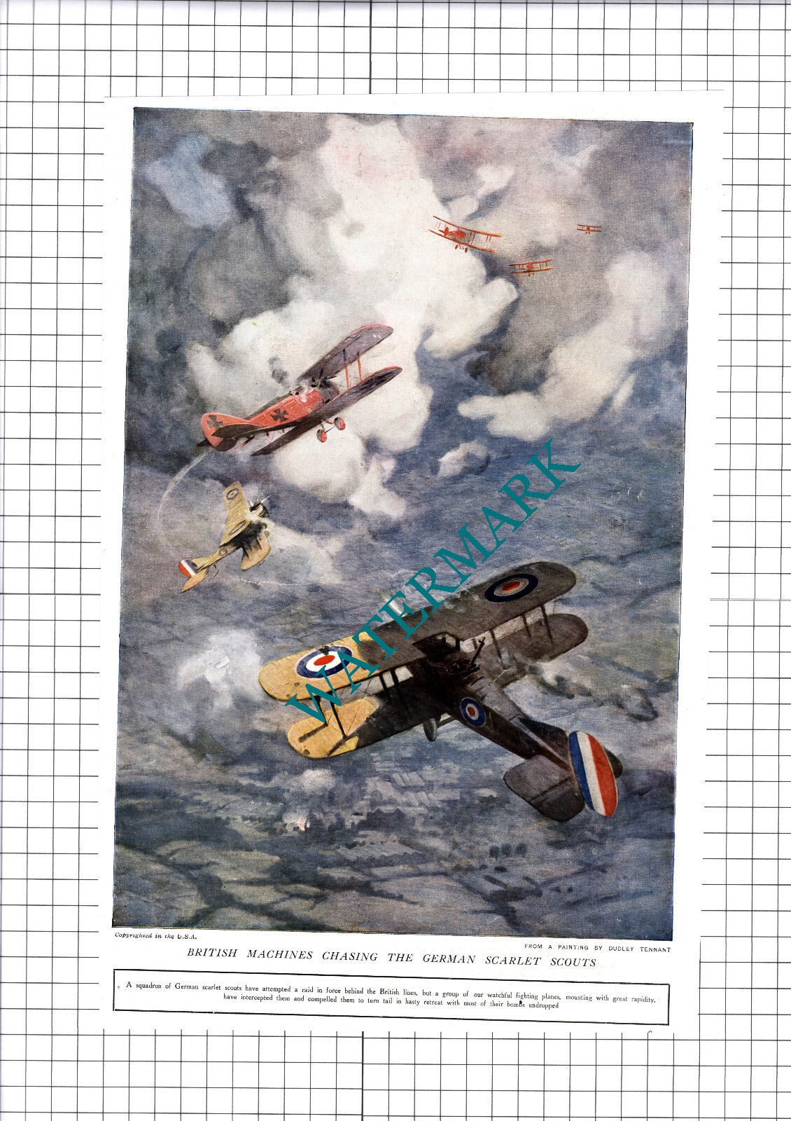 British Planes Chasing German Scarlet Scouts Dudley Tennant 1918 Cutting / Print