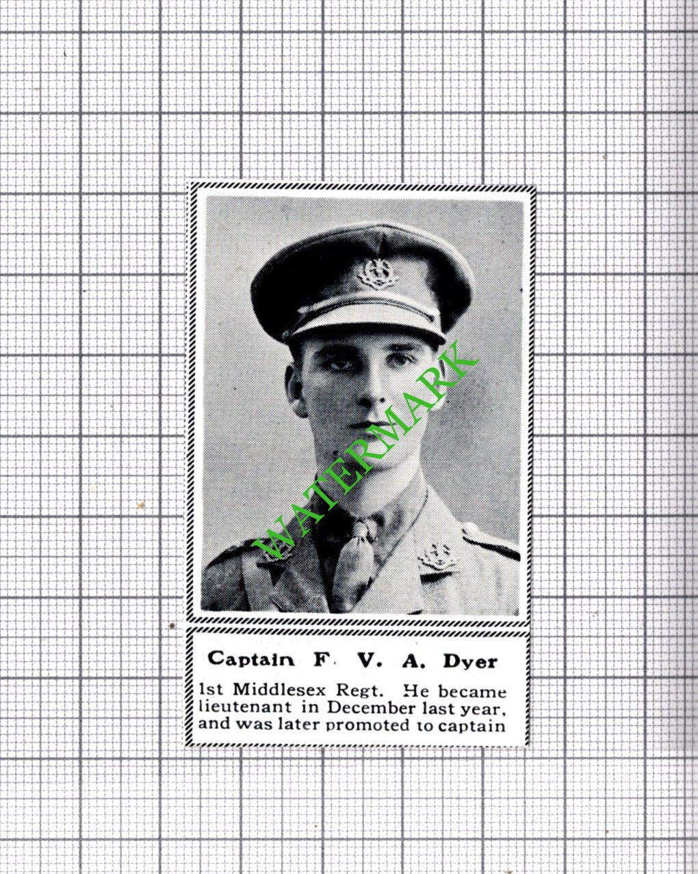Captain F V A Dyer 1st Middlesex Regt - c.1918 SMALL Cutting