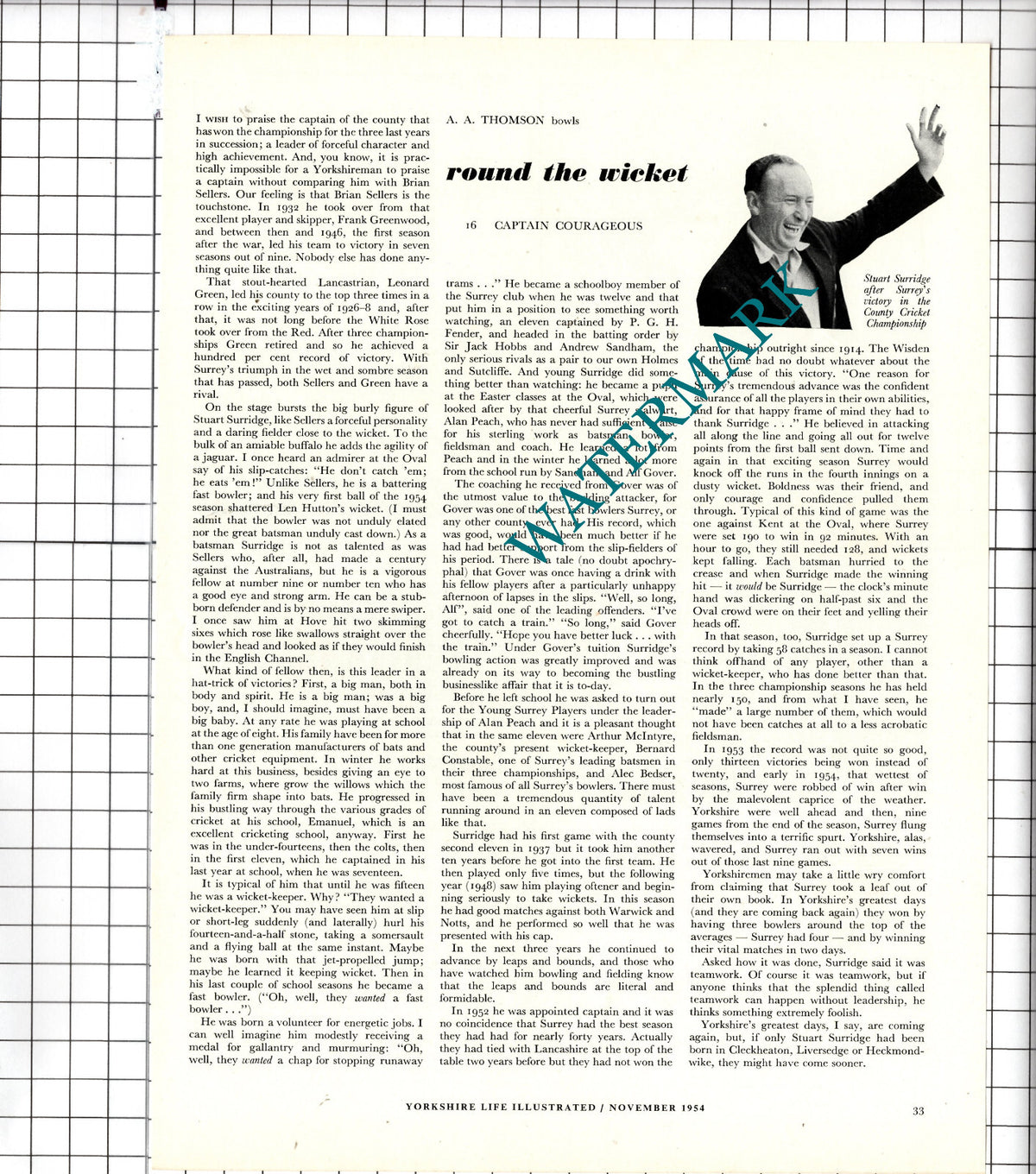 Stuart Surridge Cricketer - 1954 Article