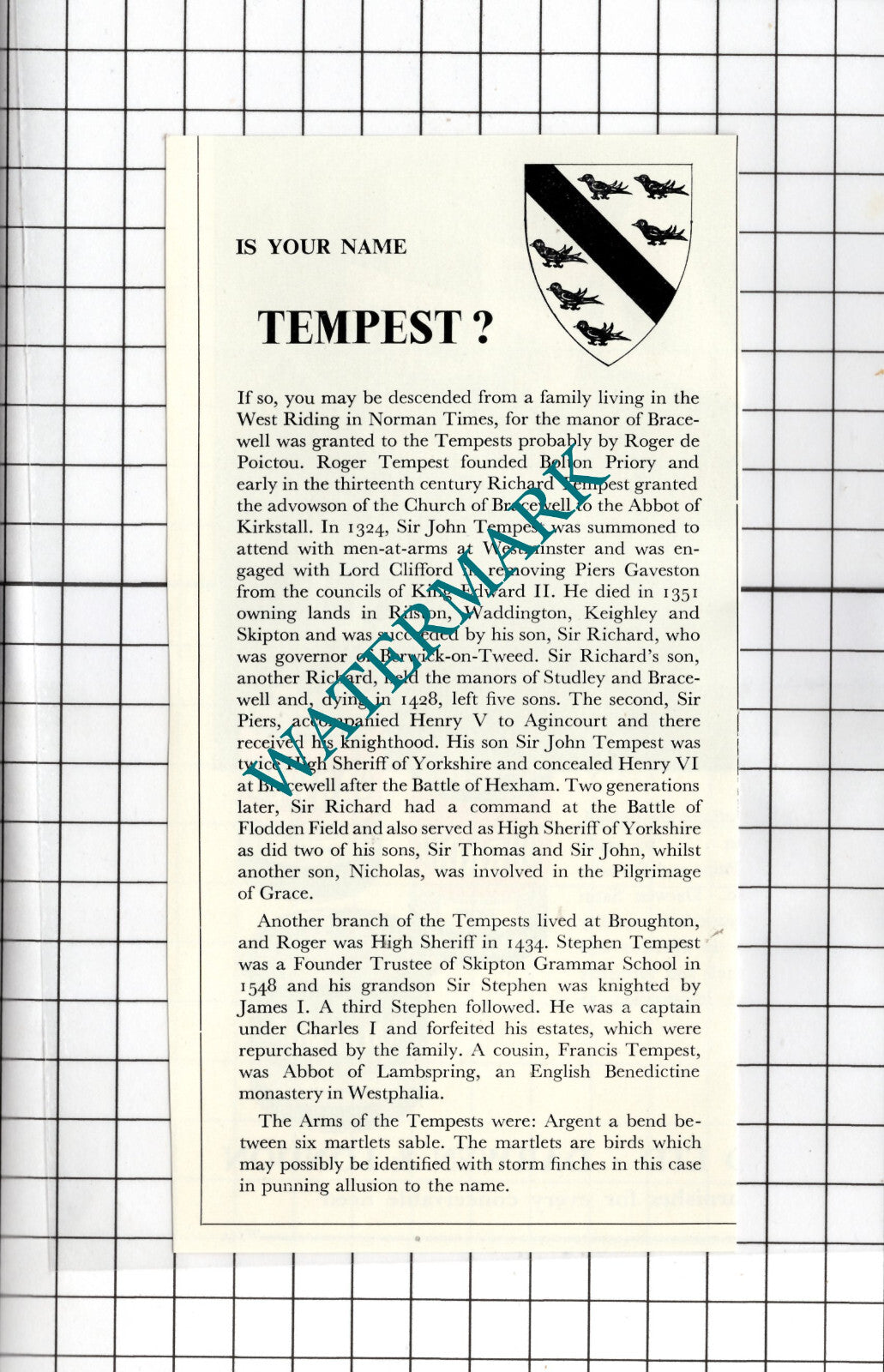 Surname TEMPEST - 1957 Small Clipping