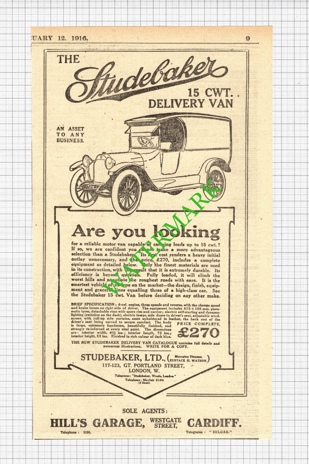 Studebaker Delivery Van Hill's Garage Cardiff Advert - 1916 Cutting