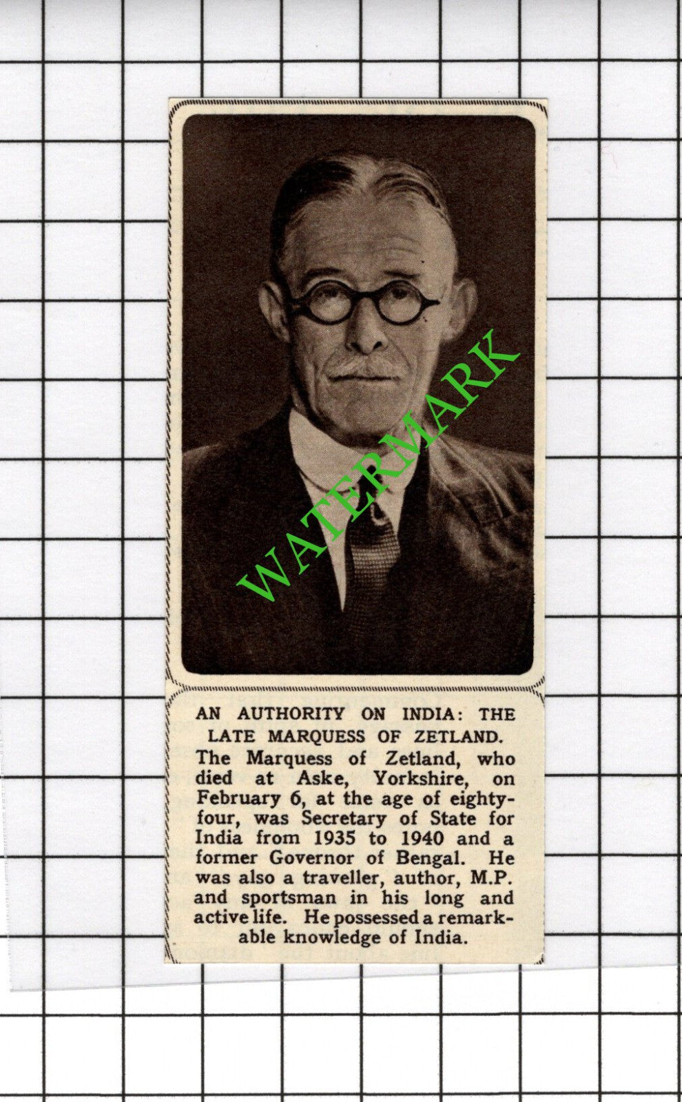 The Marquess Of Zetland Aske Yorkshire Obituary - 1961 SMALL Cutting