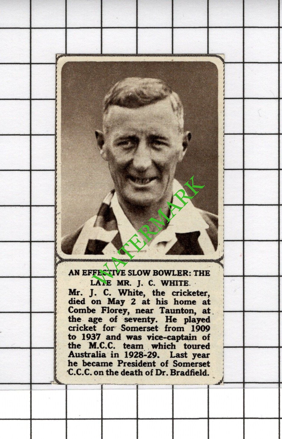 Mr J C White Cricketer Combe Florey Taunton Obituary - 1961 SMALL Cutting