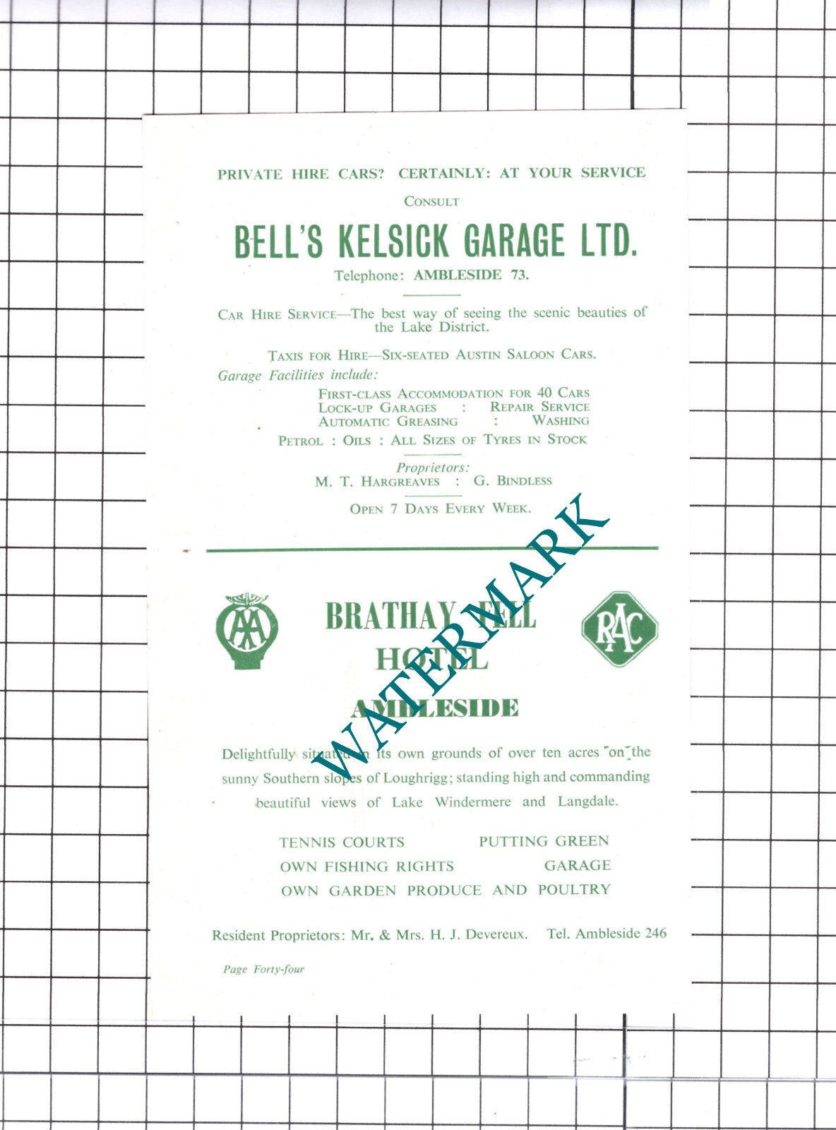 Bell's Kelsick Garage Ltd Ambleside / Brathay Fell Hotel Advert - c.1952 Cutting