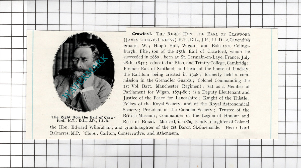 The Earl Of Crawford James Ludovic Lindsay Haigh Hall Wigan - c.1905 Cutting