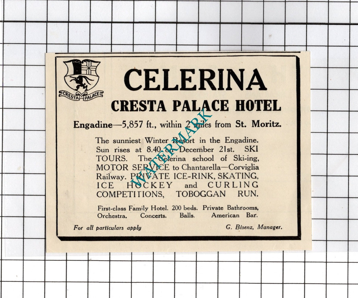 Celerina Cresta Palace Hotel London G Bisenz - 1934 Small Advert