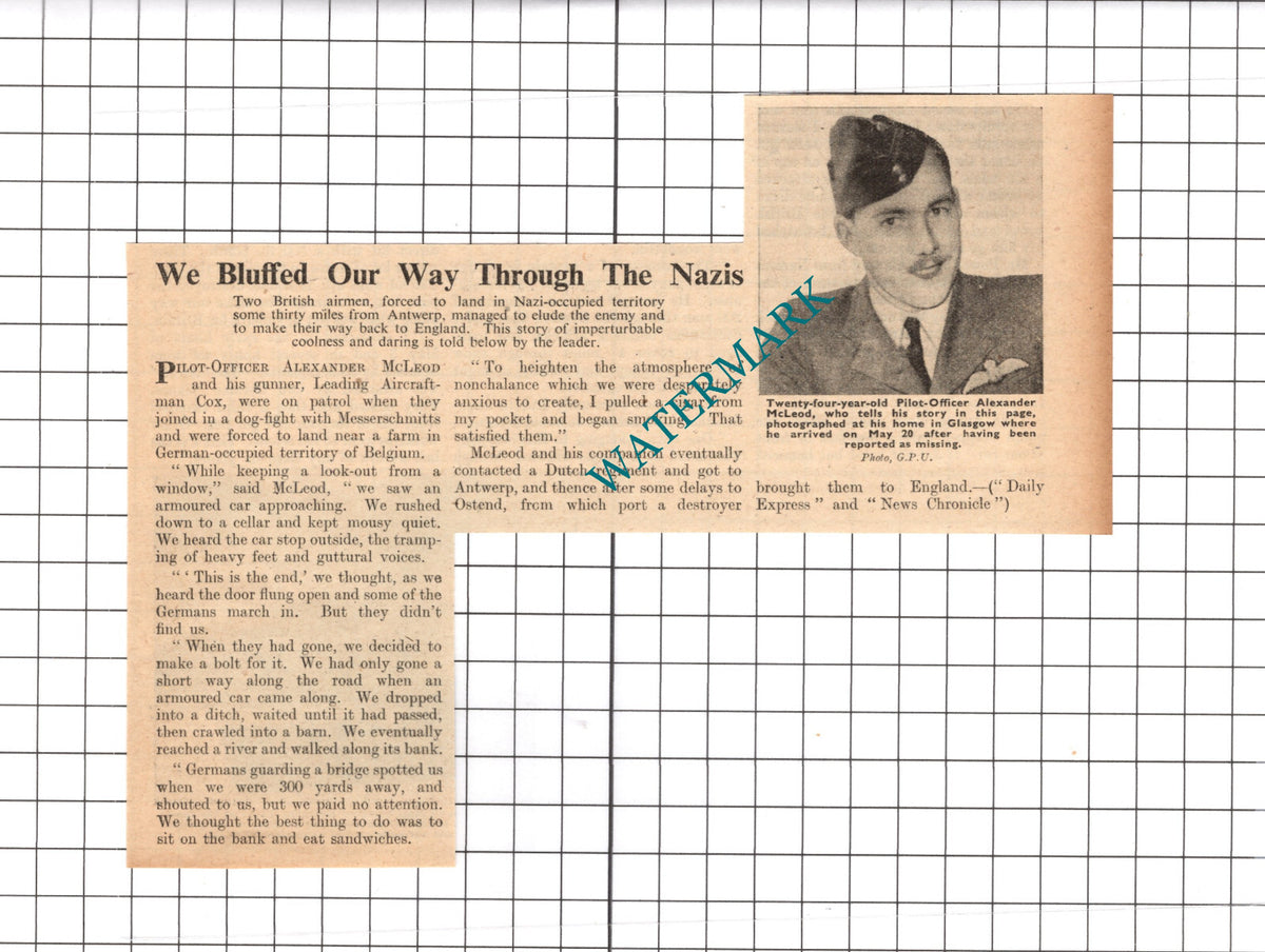 Pilot Officer Alexander McLeod WW2 - 1940 Clipping / Print