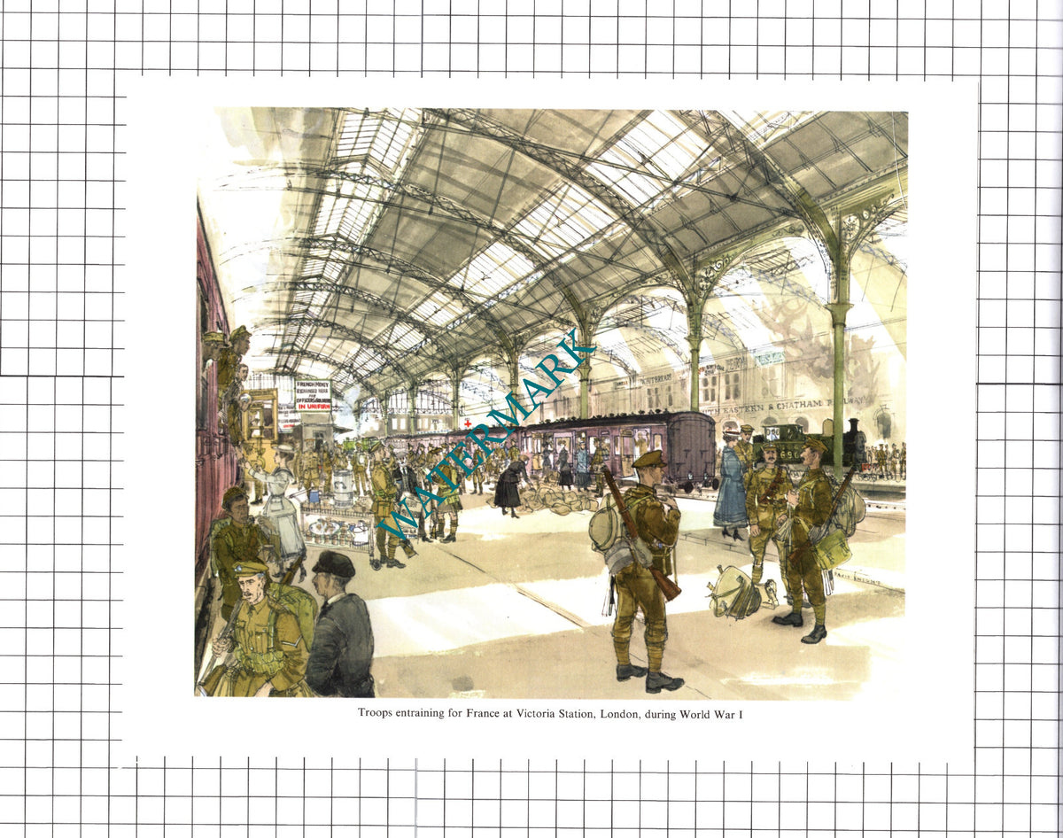 VICTORIA STATION LONDON Soldiers Troops World War 1 - 1965 Print