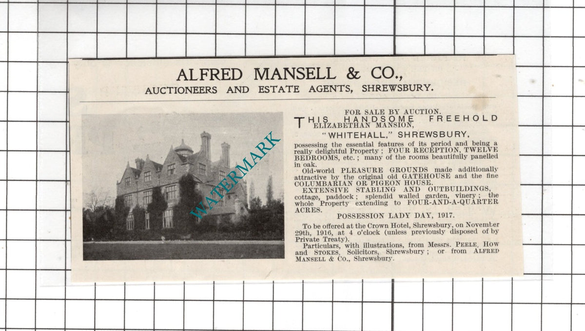 Whitehall Shrewsbury Shropshire Lady Day - 1916 SMALL House Advert