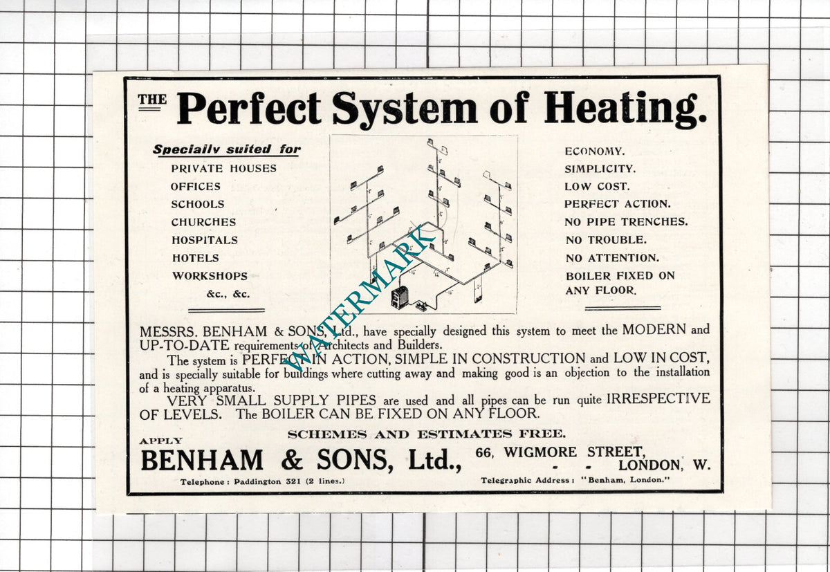 Benham & Sons Ltd 66 Wigmore Street London - 1911 Advert