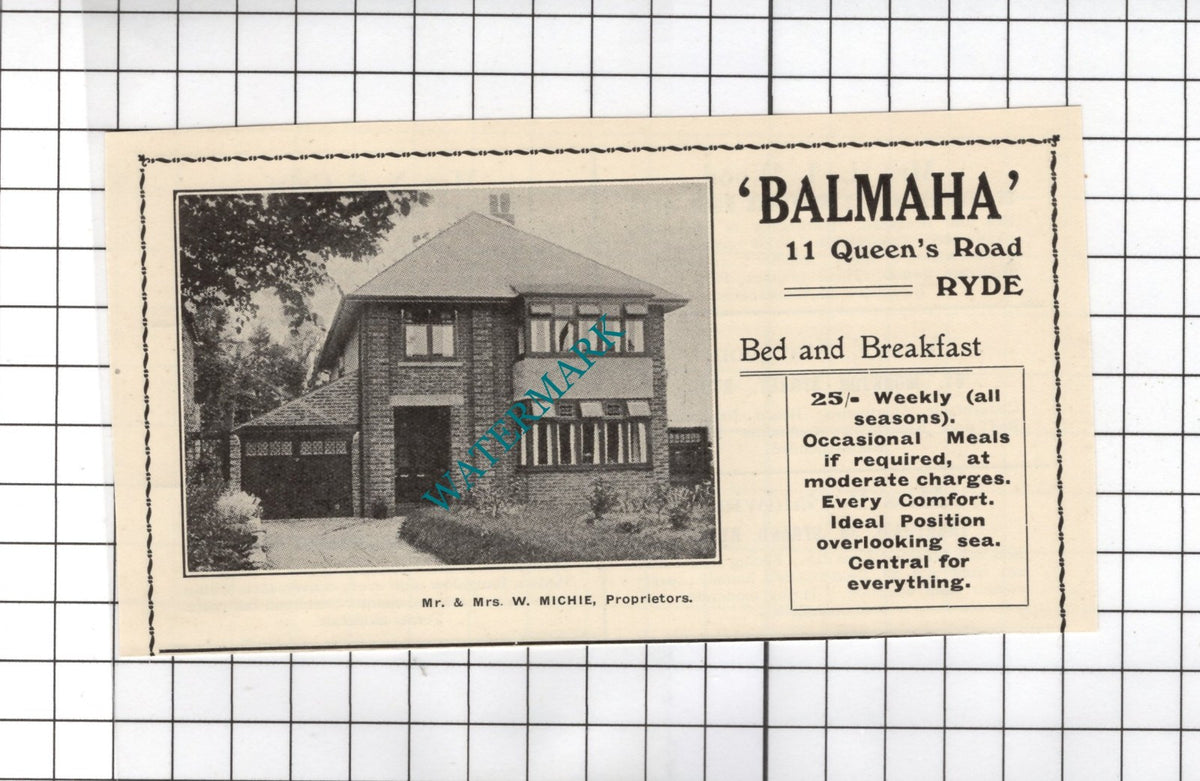 Balmaha 11 Queen's Road Ryde Isle of Wight Mr & Mrs Michie - 1938 Small Advert