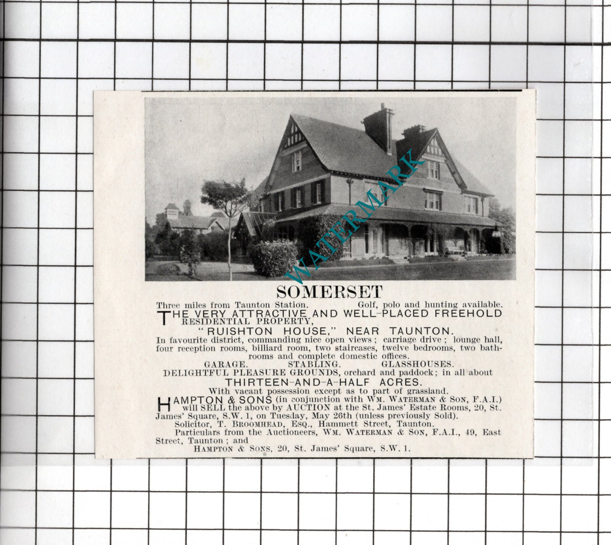 Ruishton House Taunton Somerset - 1925 Small House Sale Advert
