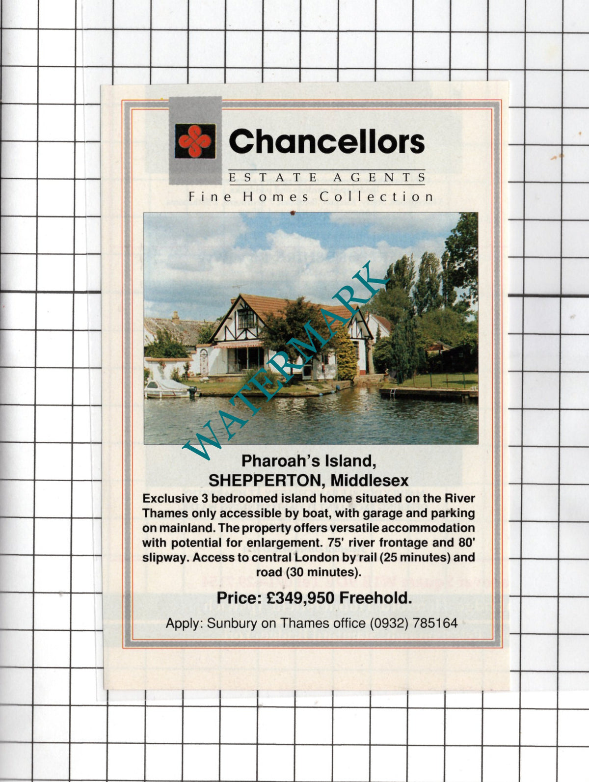 Pharoah's Island Shepperton Middlesex House Sale Advert - 1990 Small Cutting