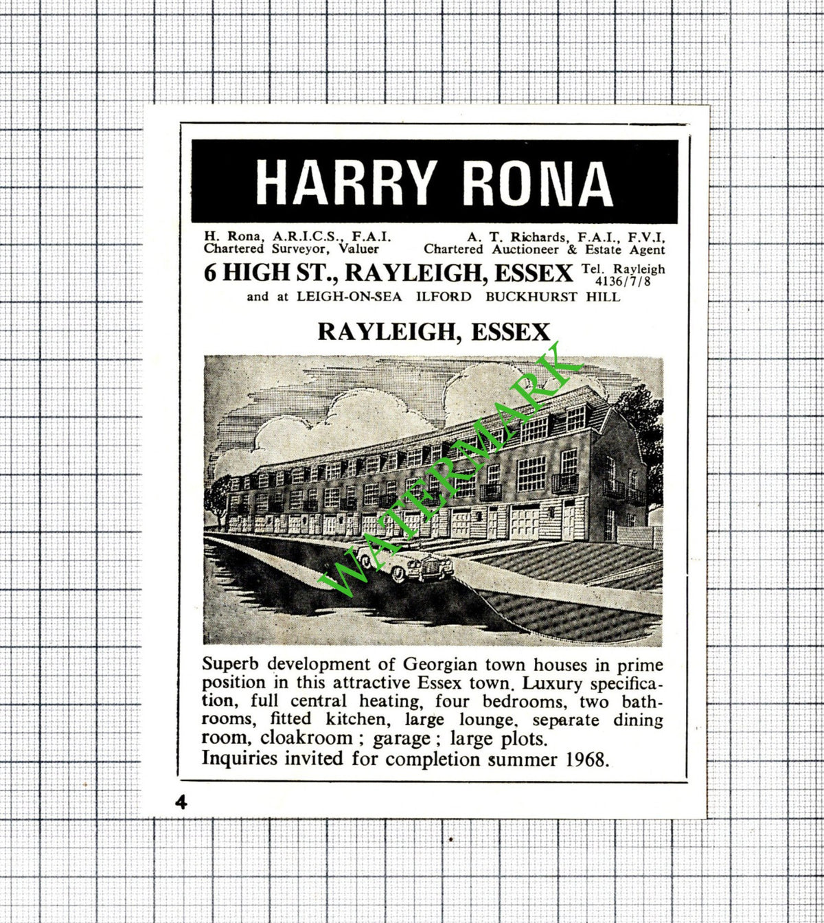 Rayleigh Essex Housing Harry Rona Small Advert - 1968 Cutting