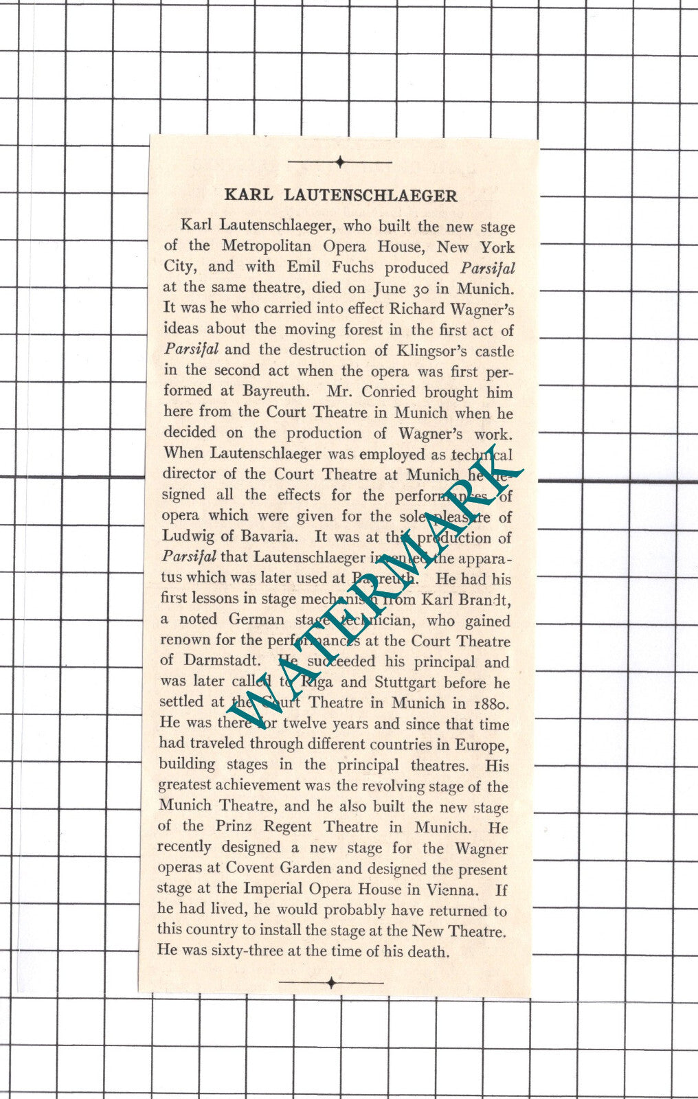 Karl Lautenschlaeger Lautenschlager Stage Technician Obituary - 1906 Clipping