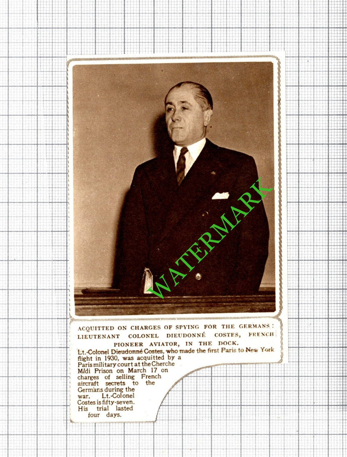 Lt Col Dieudonne Costes French Aviator - 1949 Small Cutting