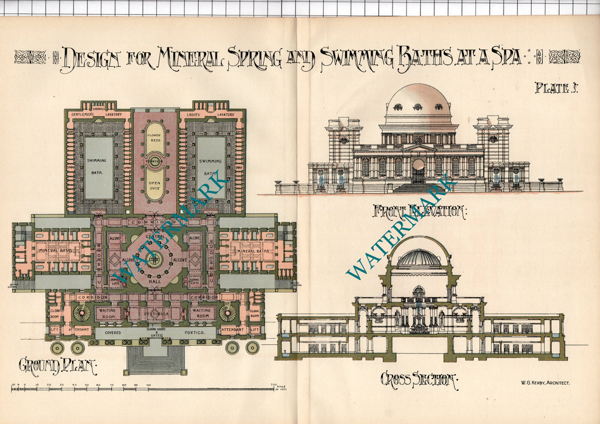 Mineral Spring Swimming Baths Spa Building W G Kerby Architect - c.1910 Print