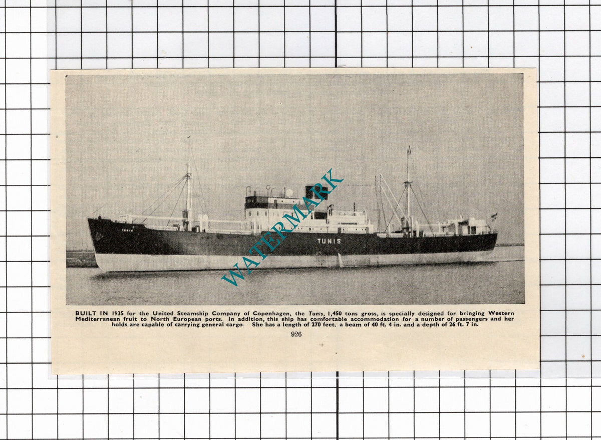 TUNIS Ship United Steamship Company of Copenhagen - c.1940's Small Clipping