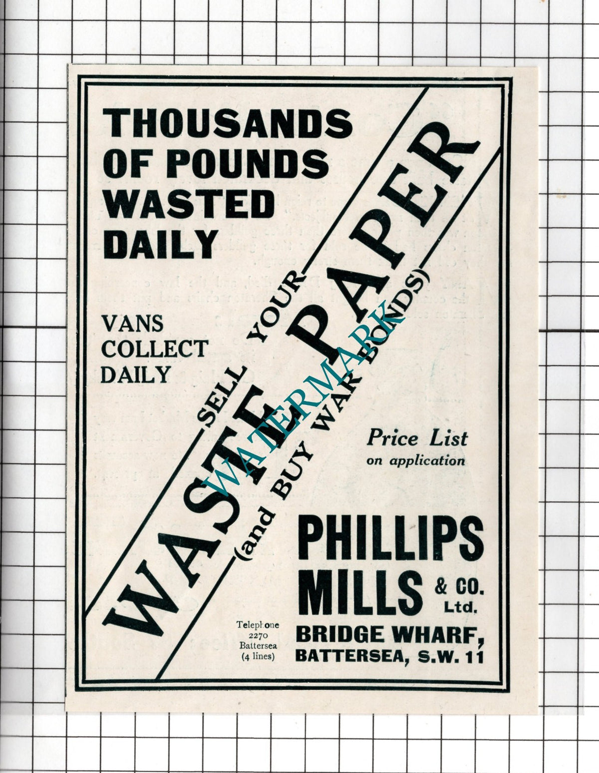 Phillips Mills & Co Ltd Battersea London Waste Paper WW1 - 1918 Small Advert