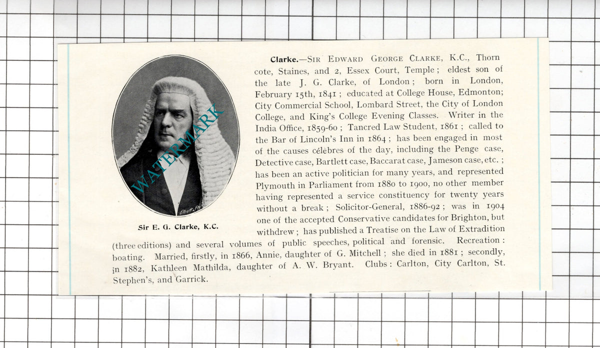 Sir Edward George Clarke KC Thorncote Staines - 1905 Clipping