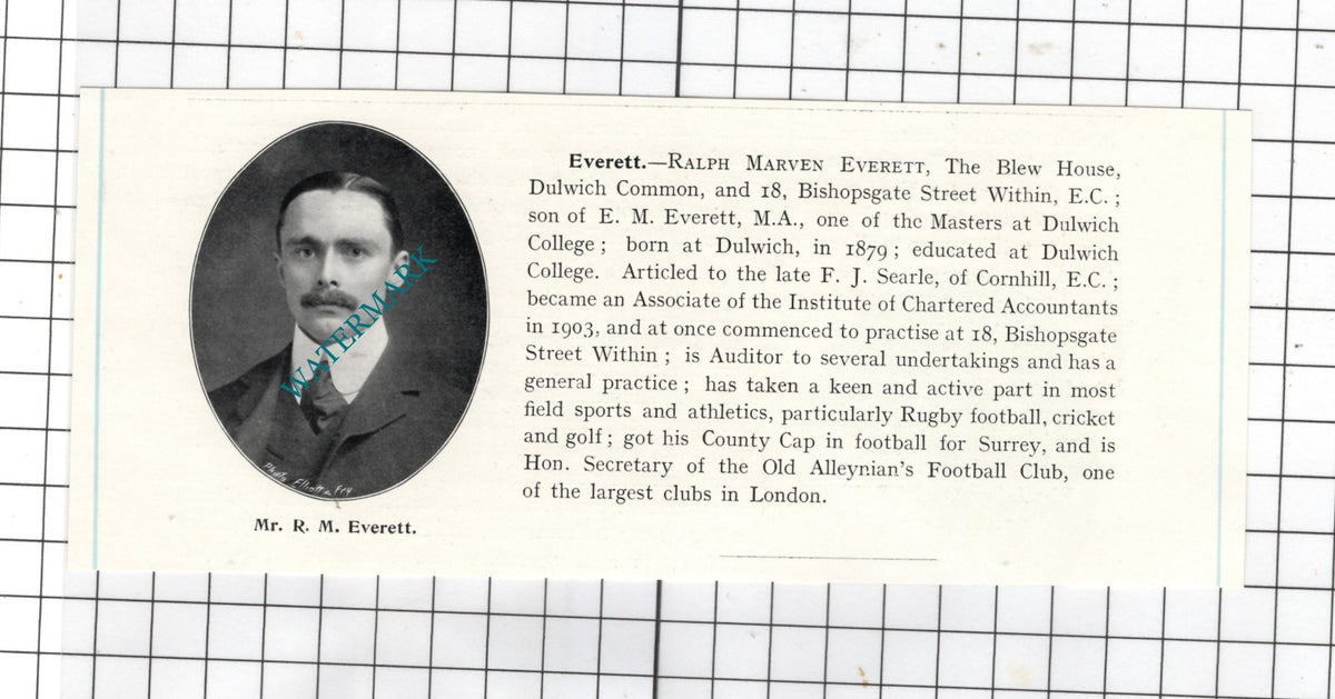 Mr Ralph Marven Everett The Blew House Dulwich Common London - c.1905 Clipping