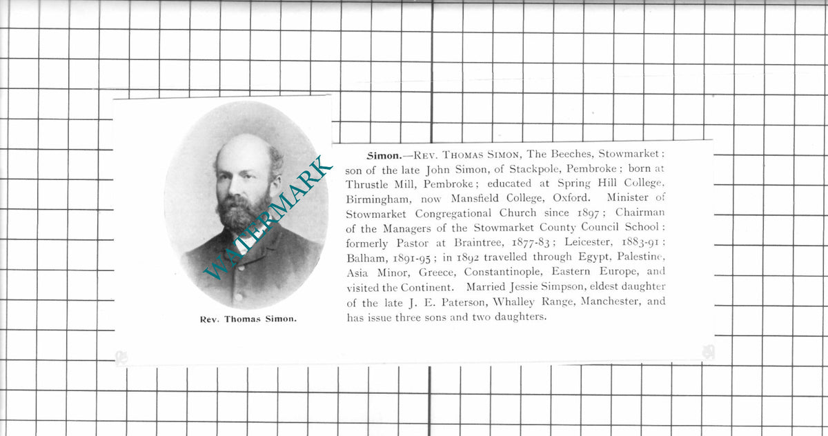 Rev Thomas Simon The Beeches Stowmarket Suffolk - 1911 Clipping
