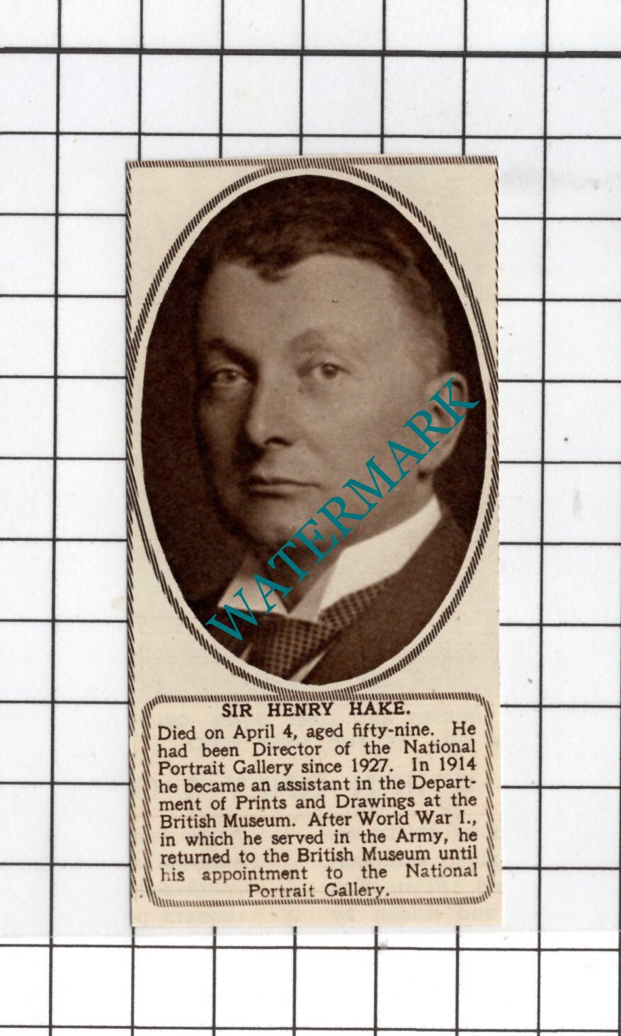 Sir Henry Hake Obituary National Portrait Gallery - 1951 SMALL Clipping