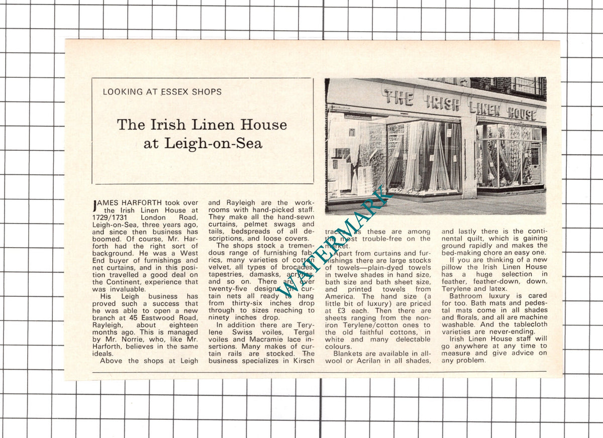 The Irish Linen House Leigh-on-Sea Essex James Harforth - 1972 Clipping