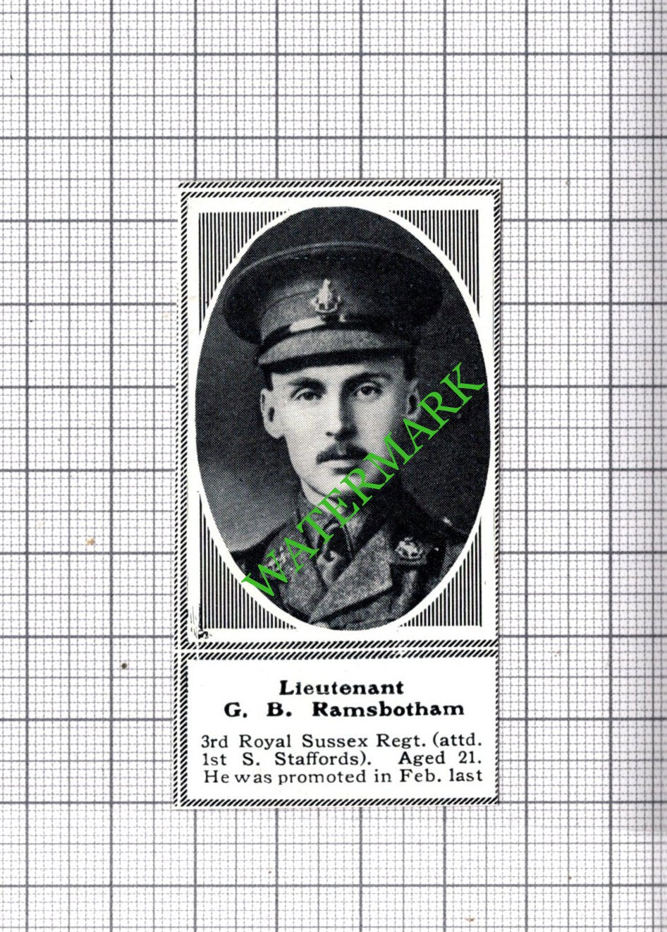 Lt G B Ramsbotham 3rd Royal Sussex - c.1918 SMALL Cutting