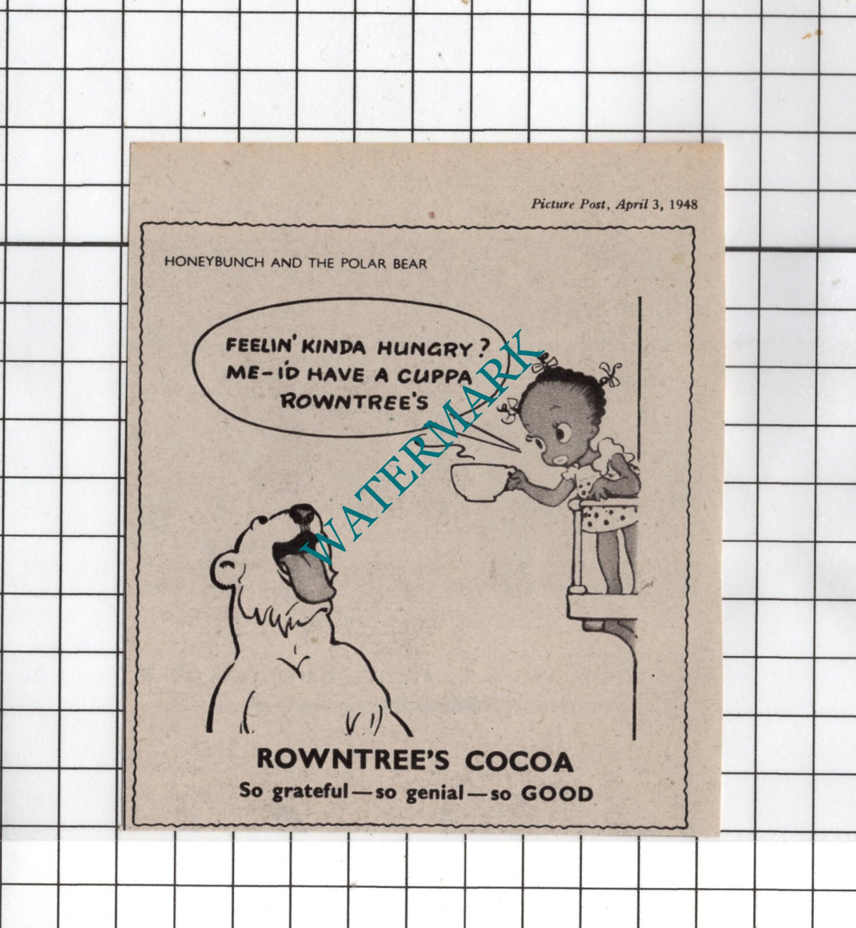 Rowntree's Cocoa Advert Honeybunch and the Polar Bear - 1948 Small ADVERT