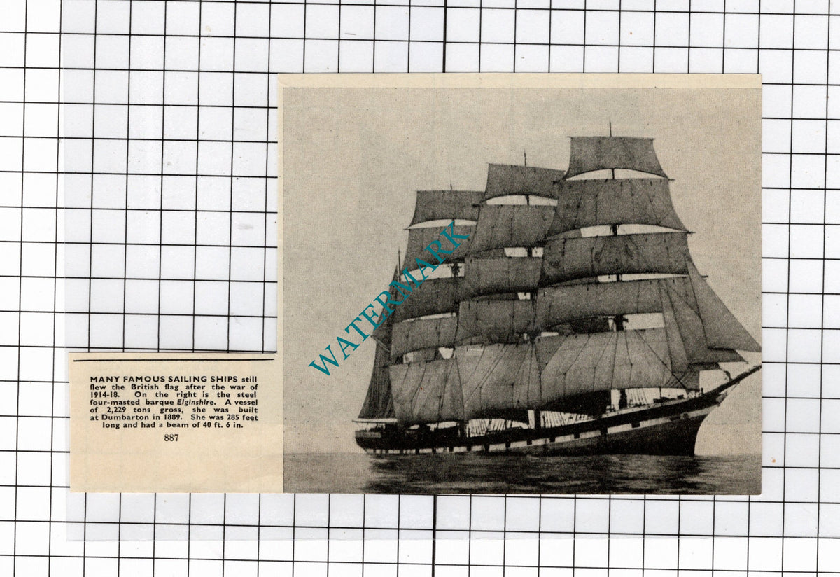 ELGINSHIRE Barque Ship - c.1940's Small Clipping