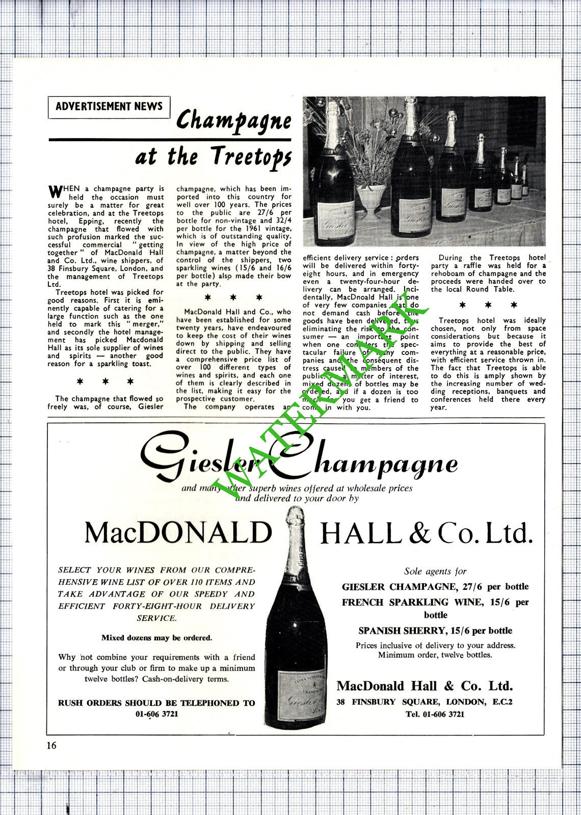 MacDonald Hall & Co Ltd Giesler Champagne Advert Treetops Epping - 1969 Cutting