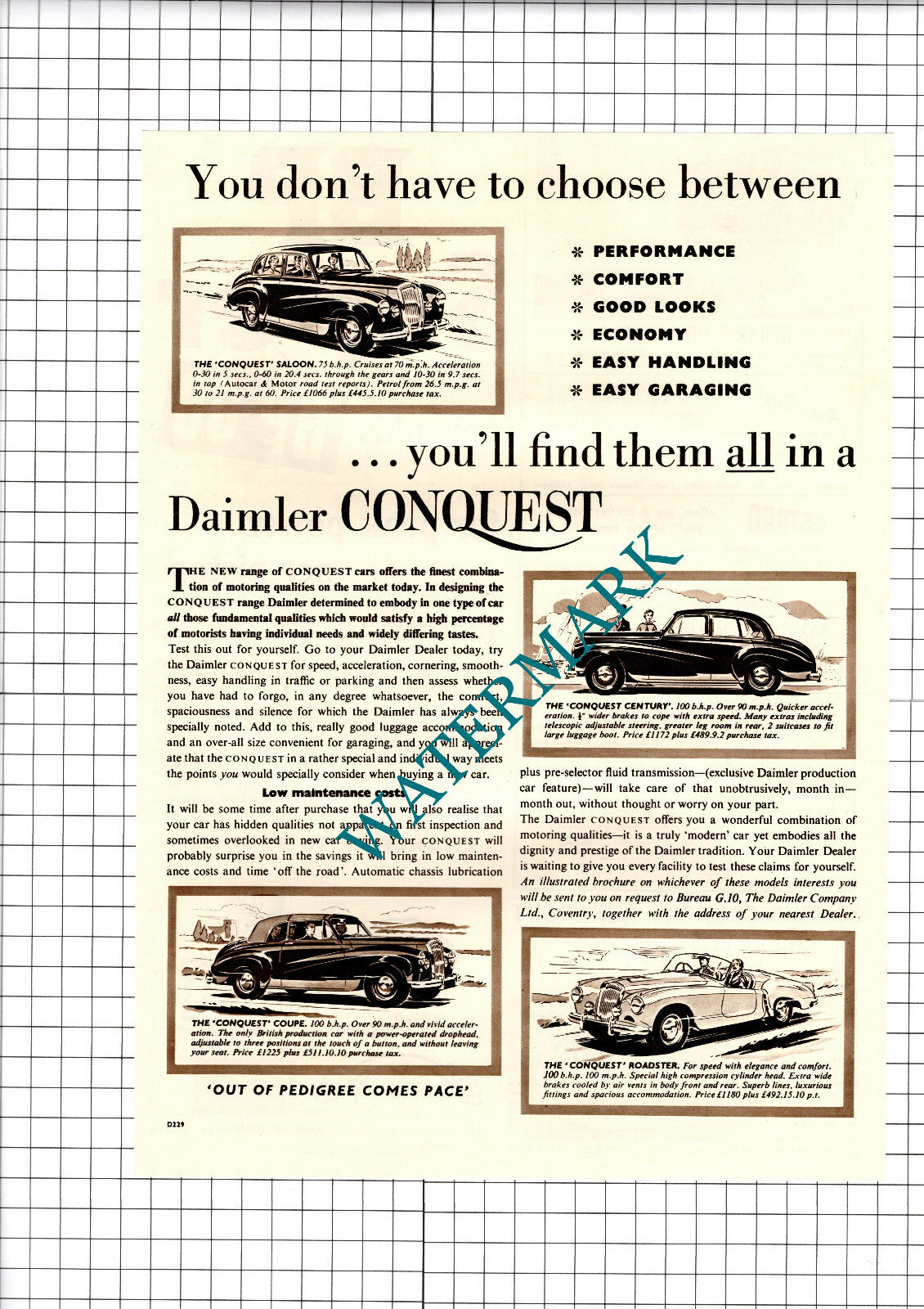 DAIMLER CONQUEST Car Advert - 1954 Cutting / Print