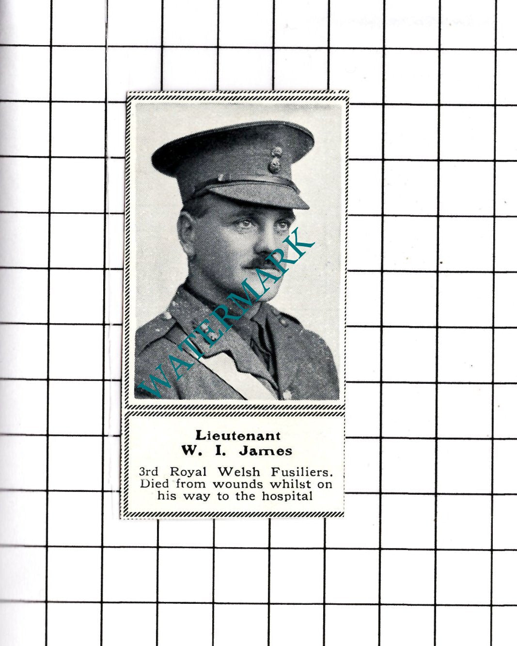 Lt W I James 3rd Royal Welsh Fusiliers WW1 - c.1918 SMALL Clipping / Print