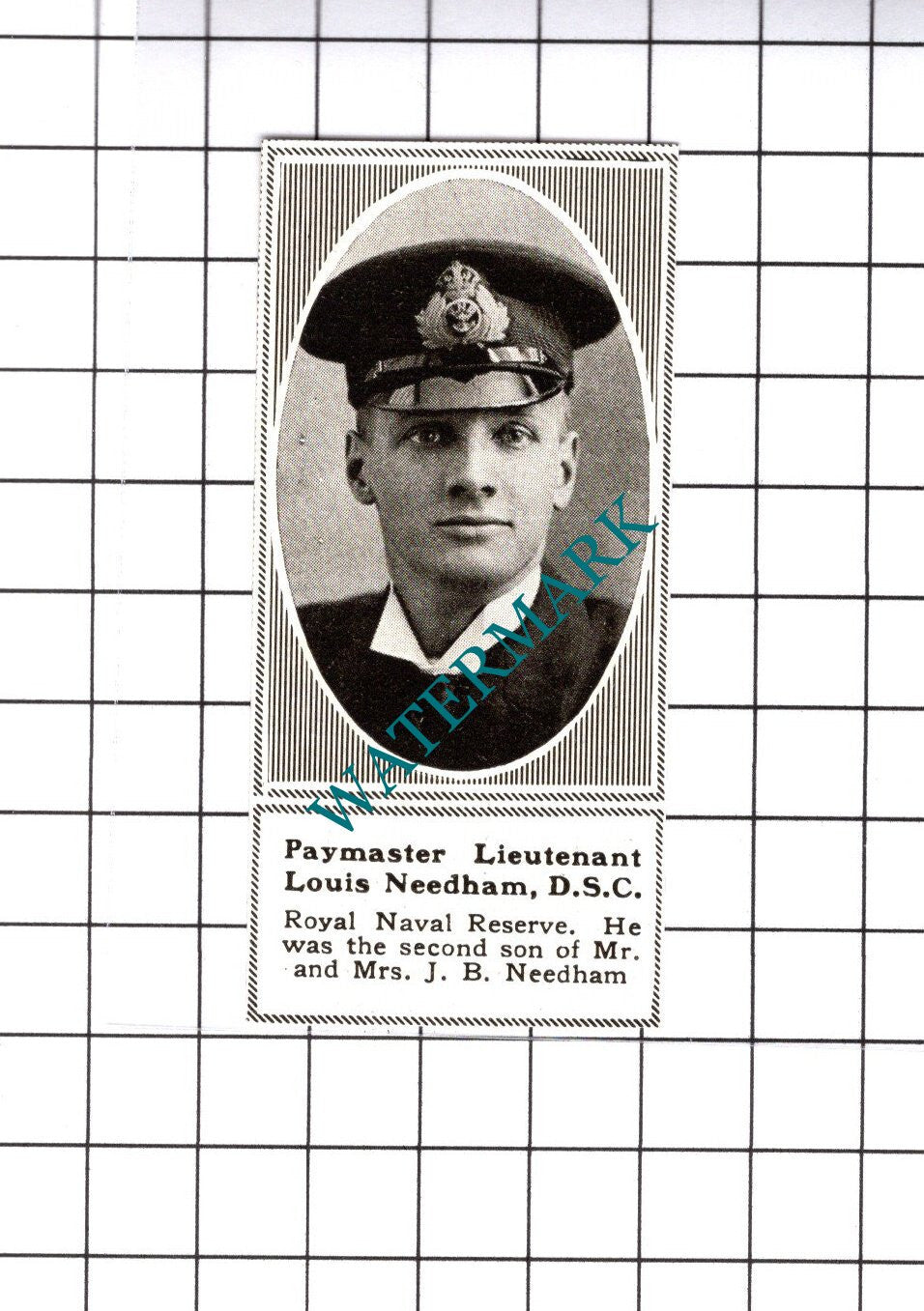 Paymaster Lt Louis Needham Royal Naval Reserve WW1 - 1919 SMALL Cutting