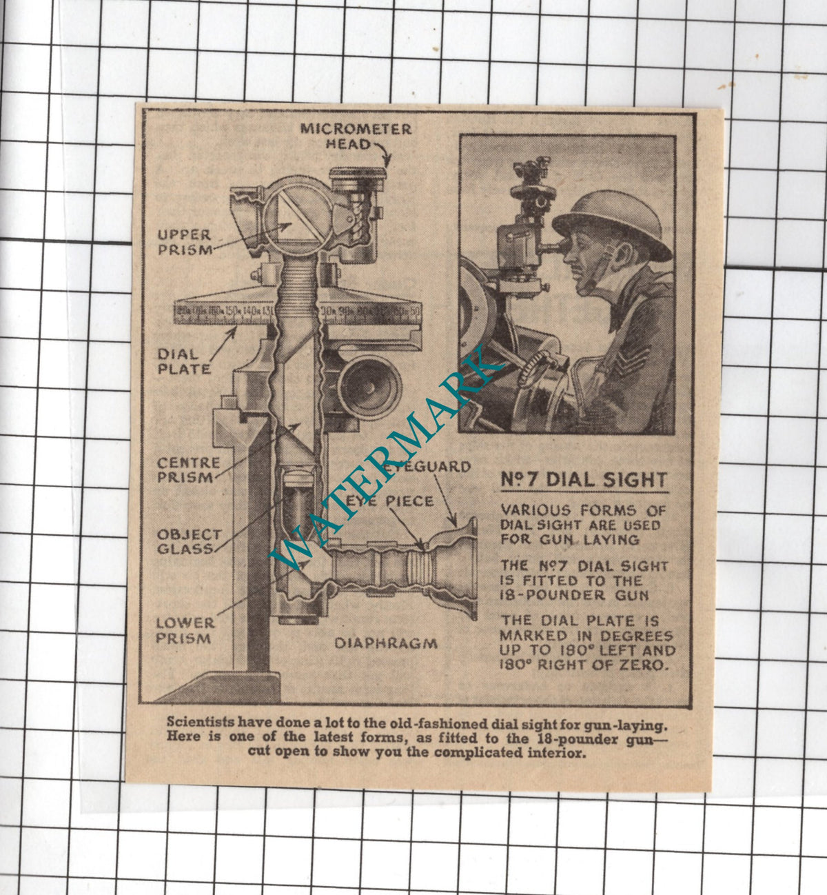 No 7 Dial Sight Diagram War WW2 - 1940 Small Clipping / Print