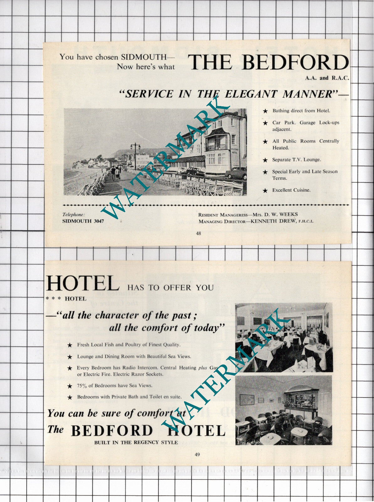 The Bedford Hotel Sidmouth Devon Kenneth Drew - 1968 Two-Part Advert