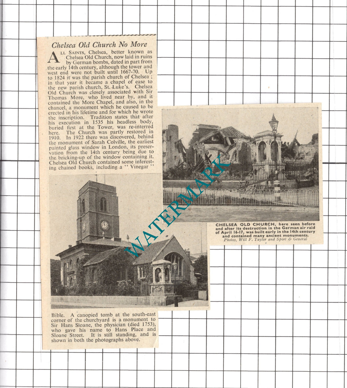 All Saints Church Chelsea Old Church London WW2 - 1941 Clipping/ Print