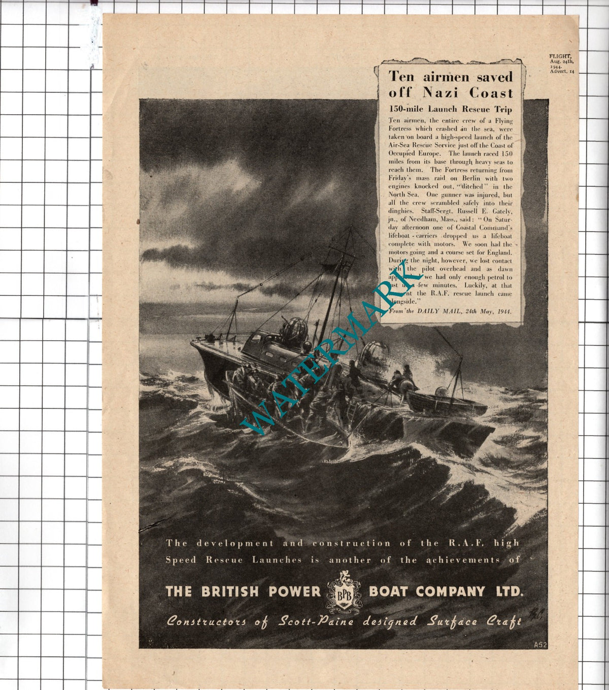 S/Sgt Russell E Gately The British Power Boat Company Ltd WW2 - 1944 Advert