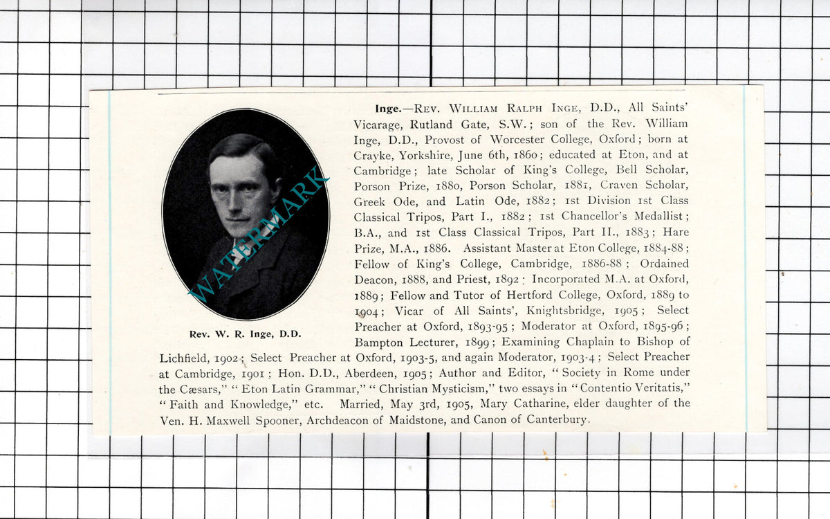 Rev William Ralph Inge All Saints Vicarage Rutland Gate London - c.1910 Cutting