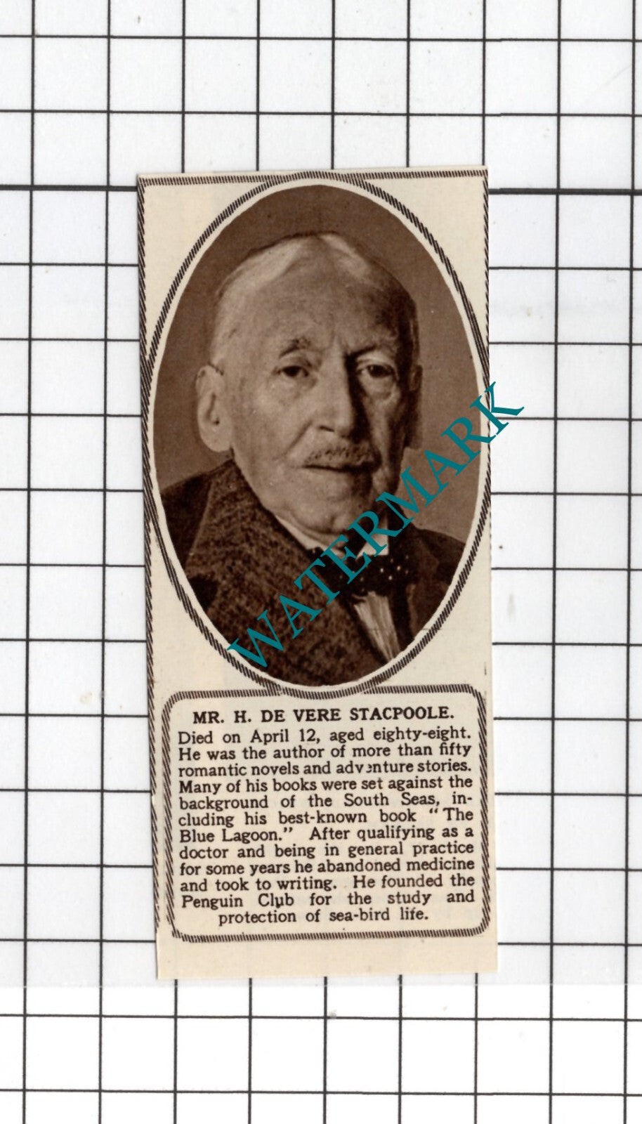 Mr H De Vere Stacpoole Author Obituary - 1951 Small Cutting