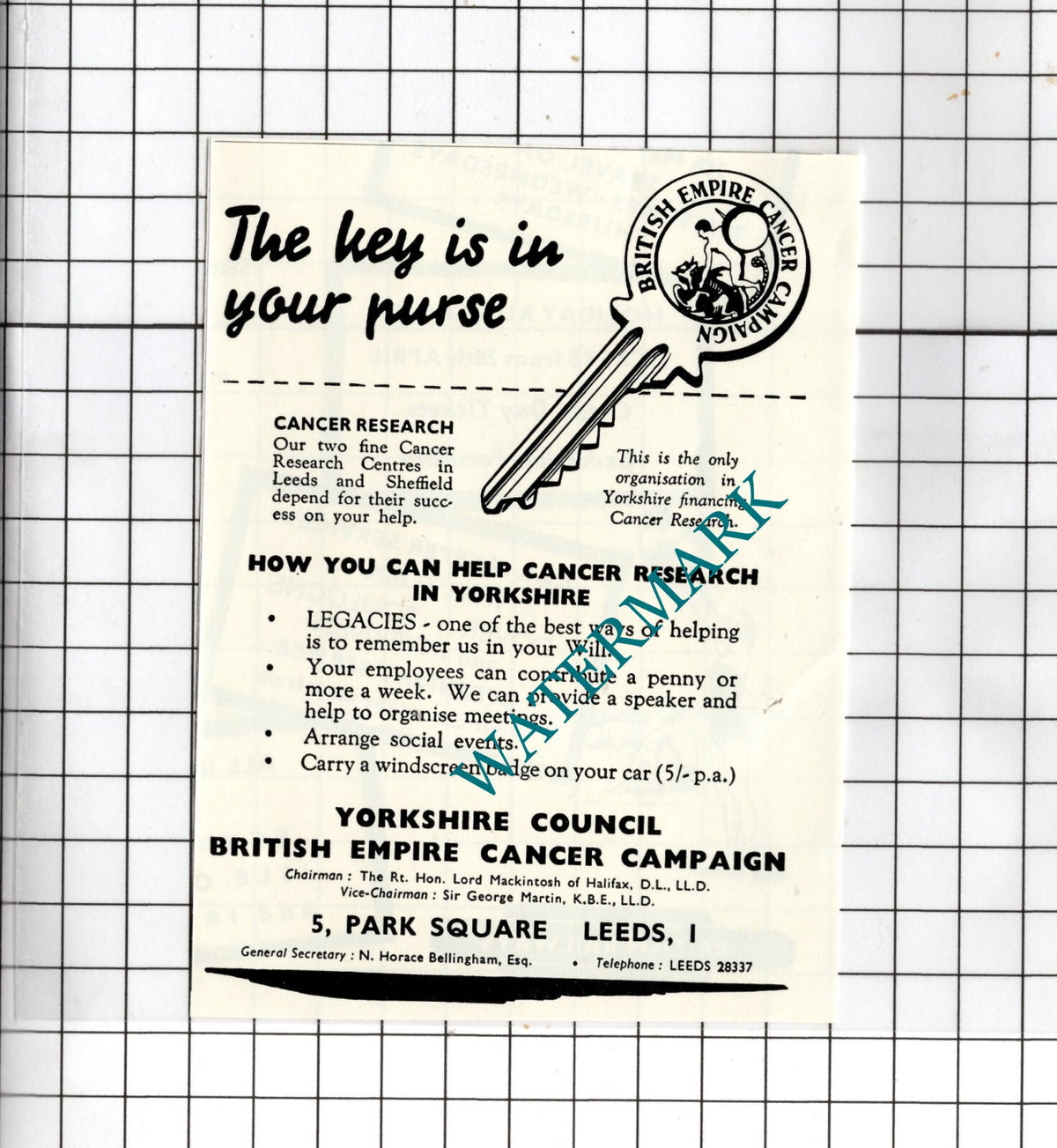 Yorkshire Council British Empire Cancer Campaign - 1957 Small Advert