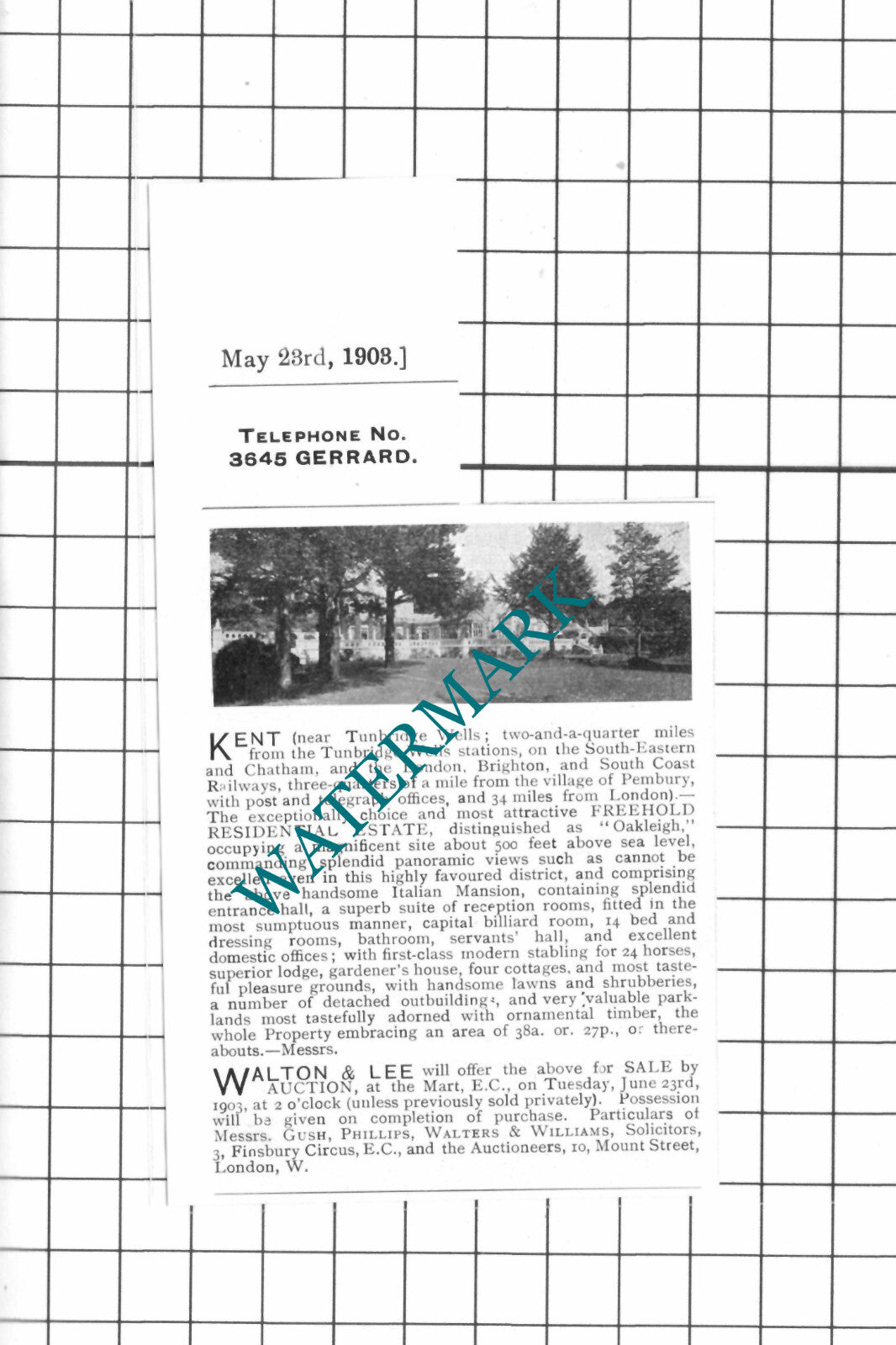 Oakleigh Pembury Tunbridge Wells Kent House Sale Advert - 1903 Clipping